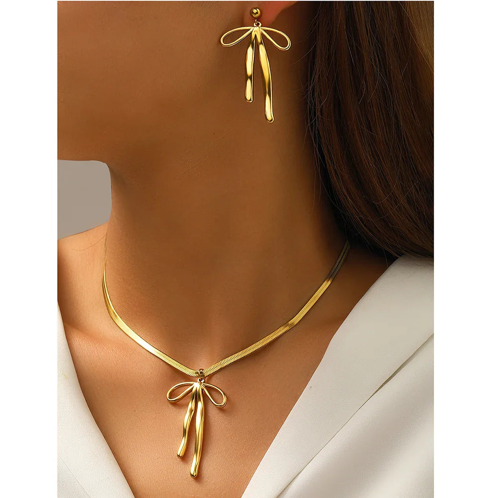 Aomogo Stainless Steel Set Luxury Fashion Bow Tie Pendant Snake Bone Chain Earrings Necklace Set for Women Jewelry Daily Match Vera Lux