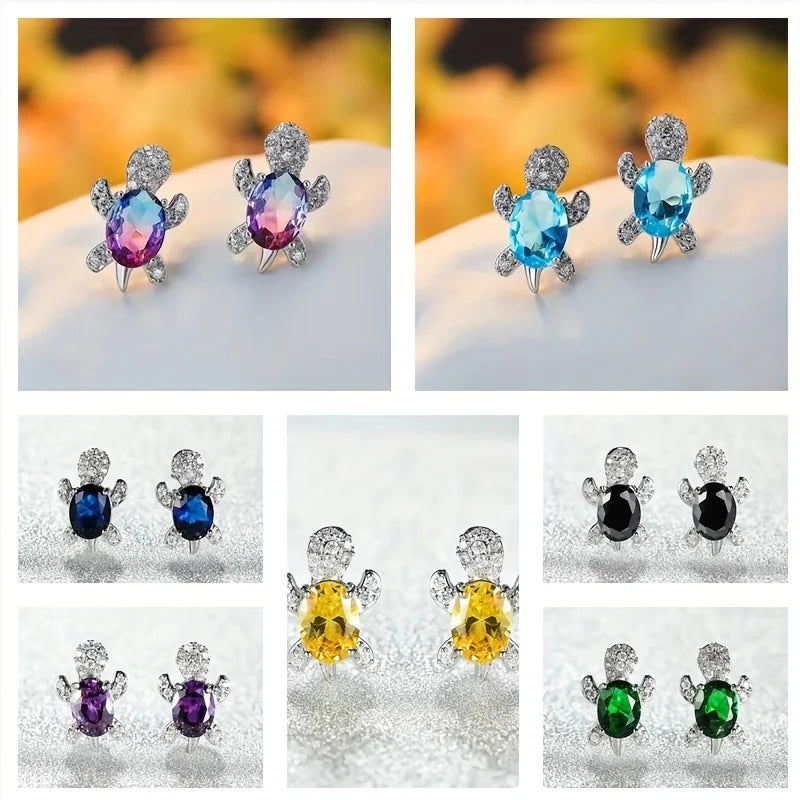 1 pair of S925 silver cute turtle shaped earrings with multiple colors to choose from, jewelry holiday gift for women Vera Lux
