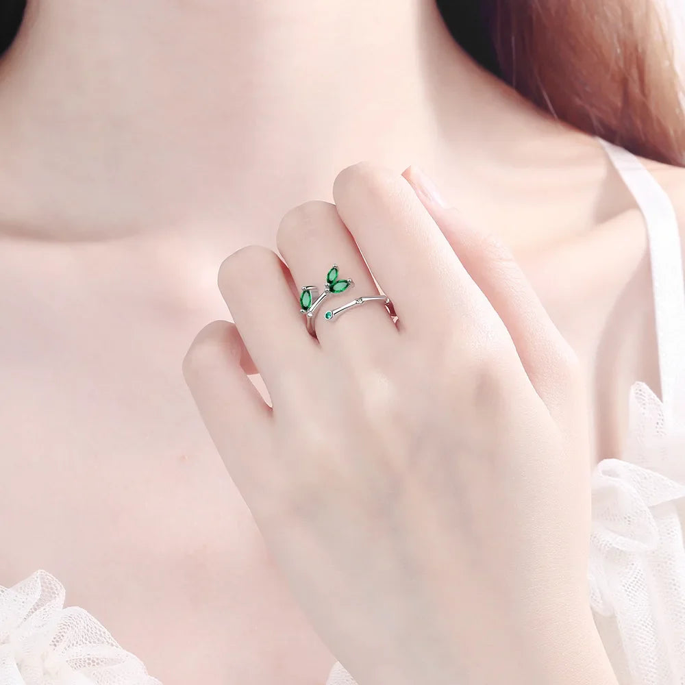 925 Sterling Silver Twig Green Leaf Rings For Women Couple Vintage Elegant Luxury Jewelry Ladies Accessorie Jewellery Vera Lux