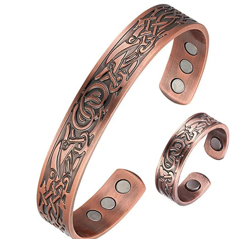 1pcs Antique Copper Bracelet European And American Copper Vintage Simple Double Ring Pattern Magnet Energy Ring Bracelet Set Vera Lux