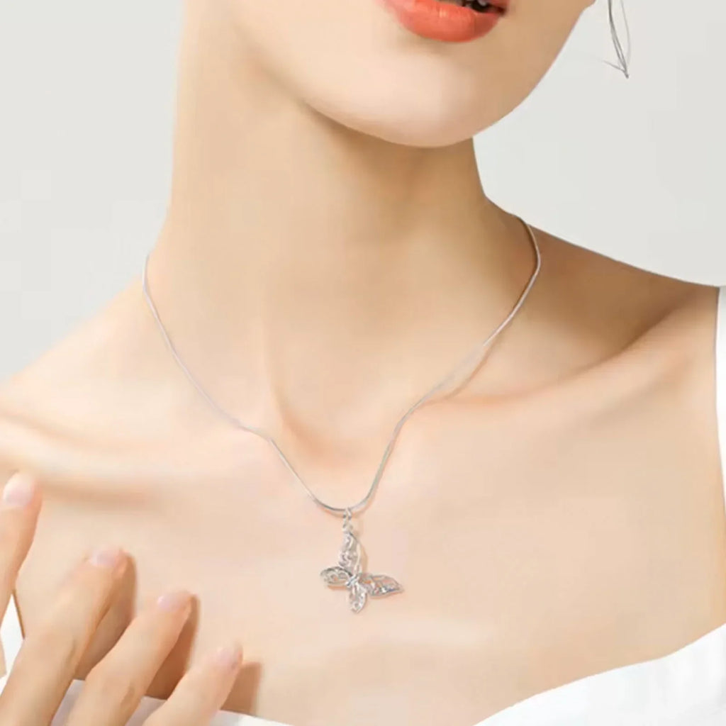 925 Sterling Silver Butterfly Pendant Necklace Snake Chain For Women Wedding Engagement Jewelry Vera Lux
