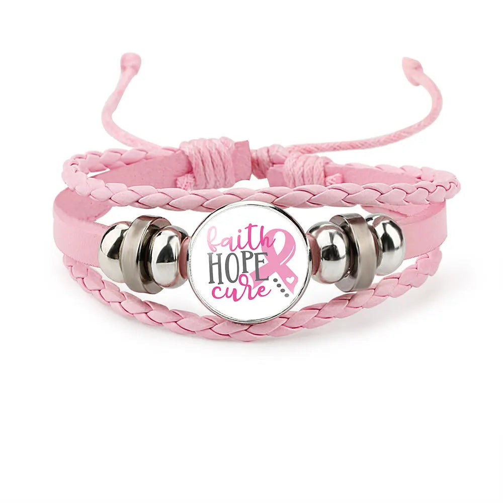 Breast Cancer Awareness Hope Bracelet For Women Pink Ribbon charm Braided leather Rope Wrap Bangle Fashion handmade Jewelry Vera Lux