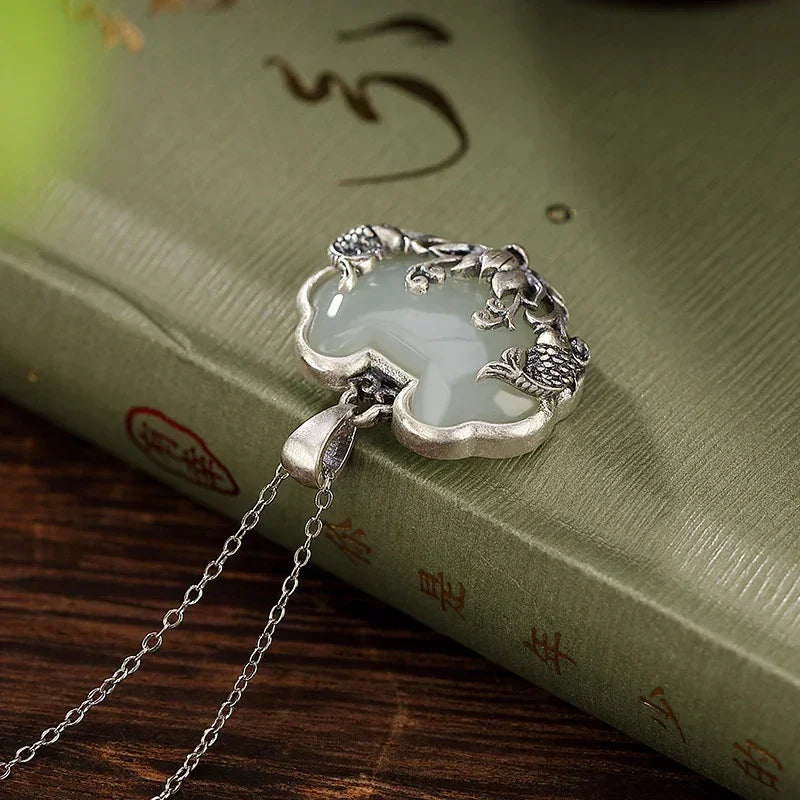 925 silver Natural Hotan Jade fish-shaped Lotus flower necklace Retro Chinese style Ruyi Pendant clavicle chain jewelry Femstylo