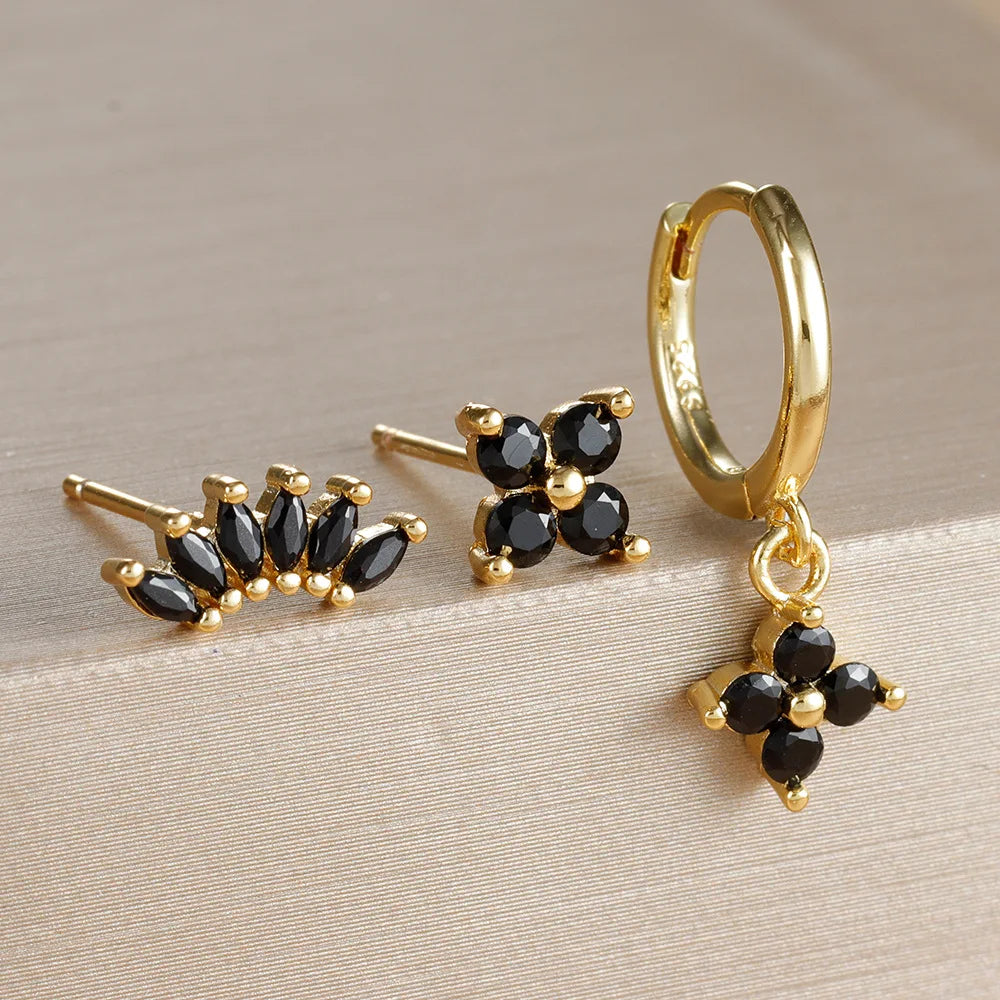 3PCS Fashion Orange Blue Zircon Hanging Earrings Set for Women Stainless Steel Flower Dangle Earring Piercing Jewelry Vera Lux
