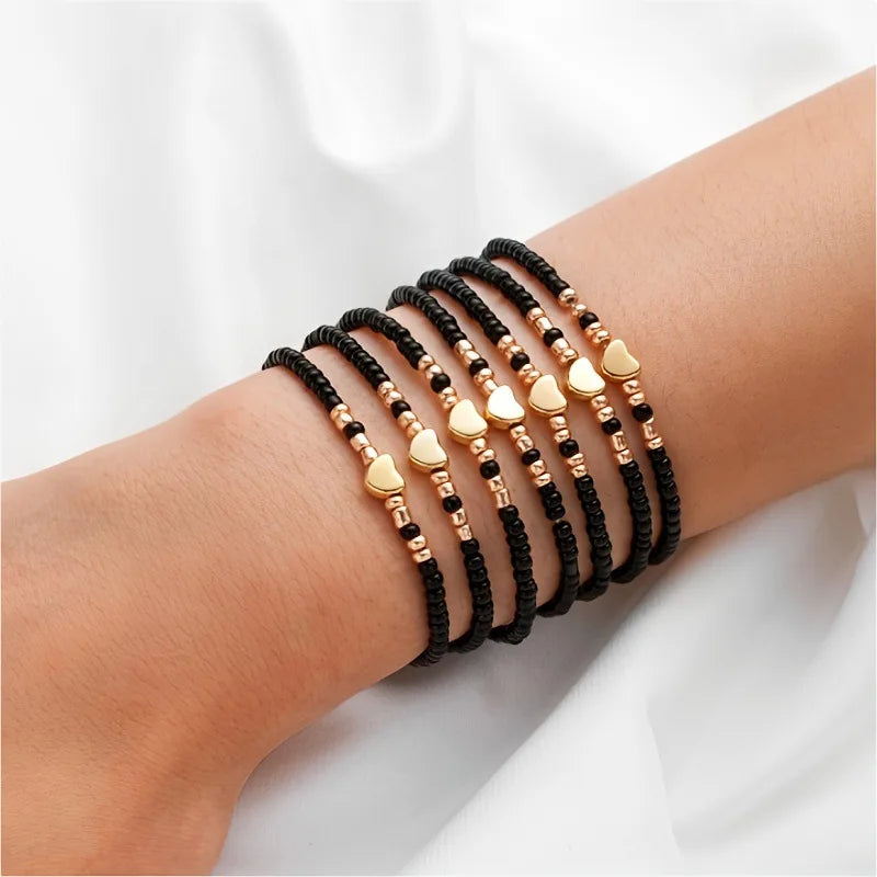 7Pcs Colorful Rice Beads Bracelet Set For Women Fashion Heart Charm Elastic Beaded Chain Bangle Female Trendy Jewelry Gift Vera Lux