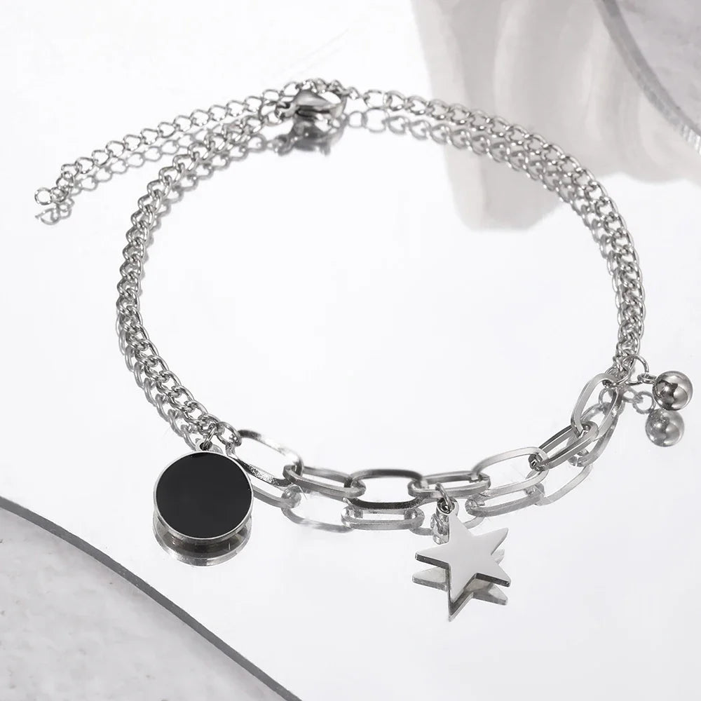 Stainless Steel Bracelets Retro Star Pendant Paperclip Chain Black Light Luxury Bracelet For Women Jewelry Holidays Banquet Gift Vera Lux