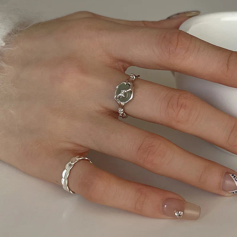 925 Sterling Silver plated Liquid Lava Hetian Jade Bamboo Ring for Women Girl Gift Irregular Vintage Jewelry Dropshipping Vera Lux