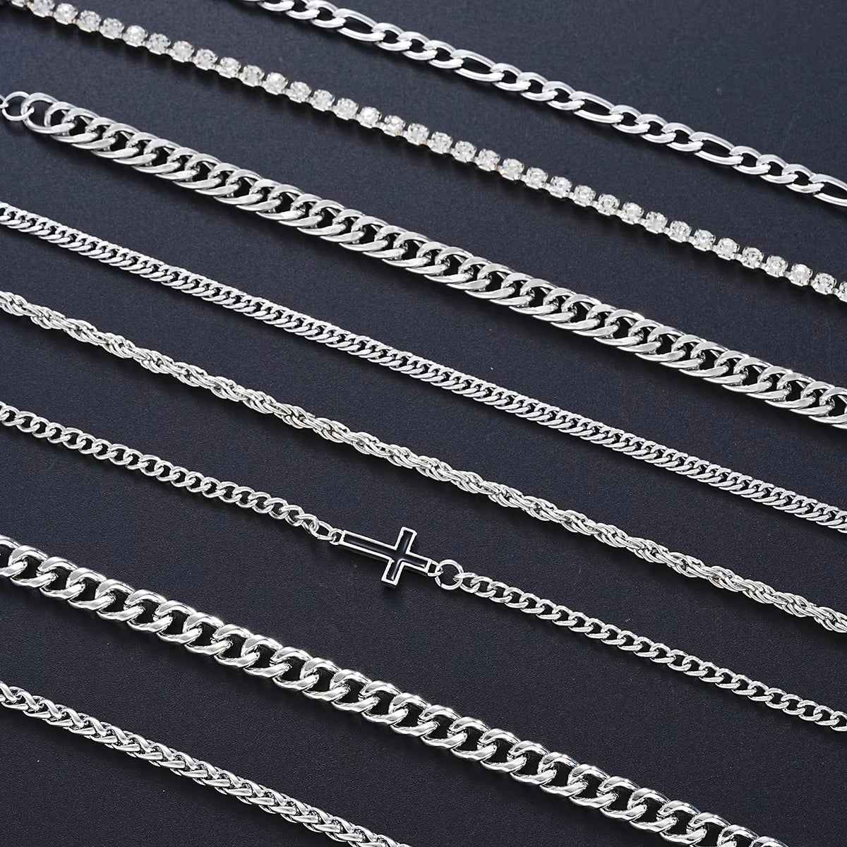 8Pcs Stainless Steel Cross Cuban Bracelets For Men Women Punk Silver Color Crystal Twist Chain Bracelet Daily Wear Fashion Vera Lux