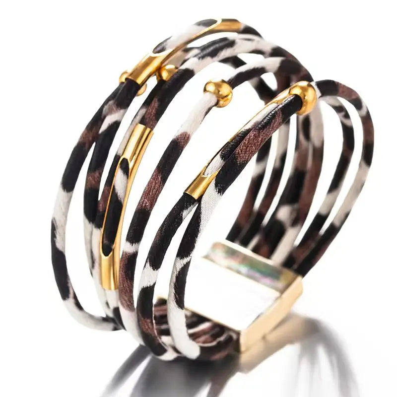 Vintage Metal Tube Leopard Leather Bracelet For Women Men Boho Multilayer Wrap Wide Bracelet Charm Jewelry Vera Lux