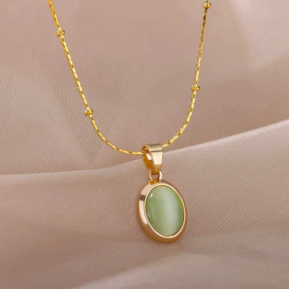 Fashion Stone Opal Oval Necklace For Women Stainless Steel Gold Color Oval Stone Pendant Necklace Wedding Aesthetic Jewelry Gift Vera Lux