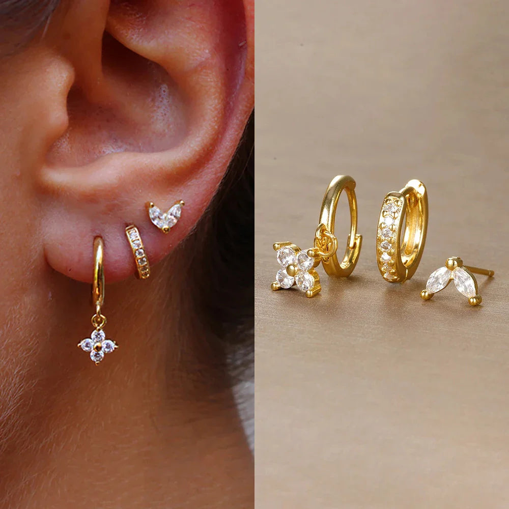 3PCS Trendy Stainless Steel Flower Drop Earring Set For Women Crystal Zirconia Dangle Earring Hypoallerg Piercing Jewelry aretes Vera Lux