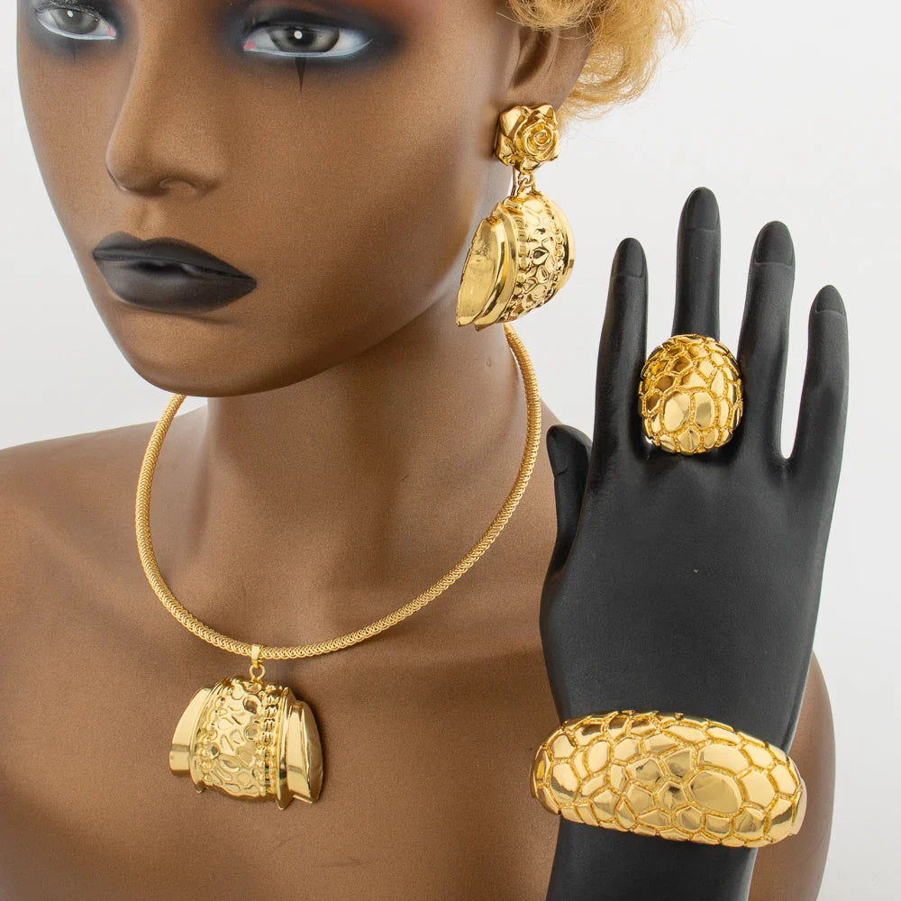 Africa Necklace Earrings Jewelry Set for Women Gold Color Metal Dubai Big Exaggerated Hoop Earrings Punk Jewelry Accessories Vera Lux
