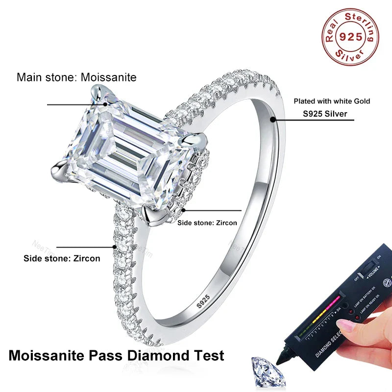 NeeTim 1ct 2ct 3ct Emerald Cut Moissanite Rings for Women 925 Sterling Silver Lab Diamond Wedding Engagement Ring Gemstone Band Vera Lux