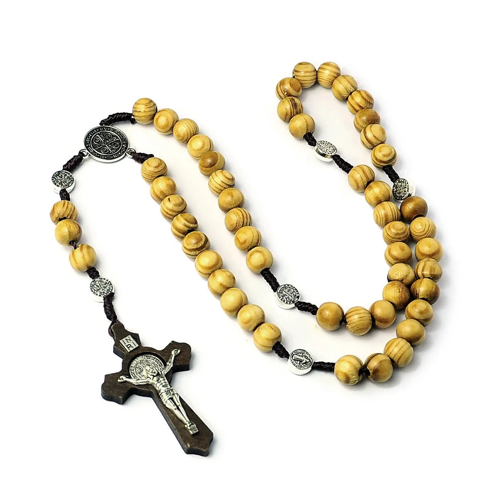 10MM Wood Beads Rosary Cross Necklace For Women Men Christian Virgin Mary INRI Pendant Chain Fashion Religion Jewelry Vera Lux