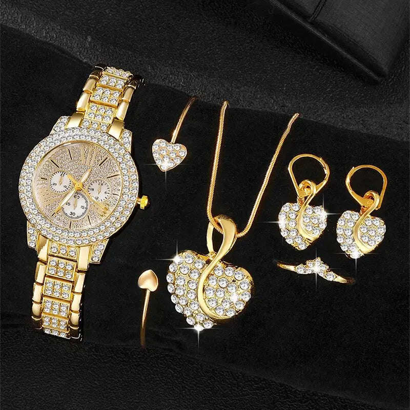 Women's Quartz Watch Gold Luxury Women Ring Necklace Earring Rhinestone Fashion Wristwatch Casual Ladies Watches Jewelry Set Vera Lux