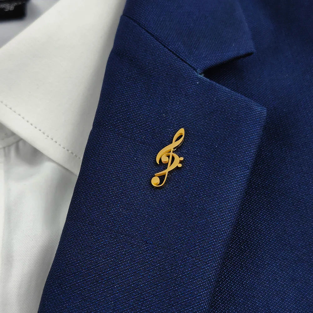 New music symbol men's lapel pin, 316L stainless steel gold-plated badge, black brooch for suit accessories, gift for father Vera Lux