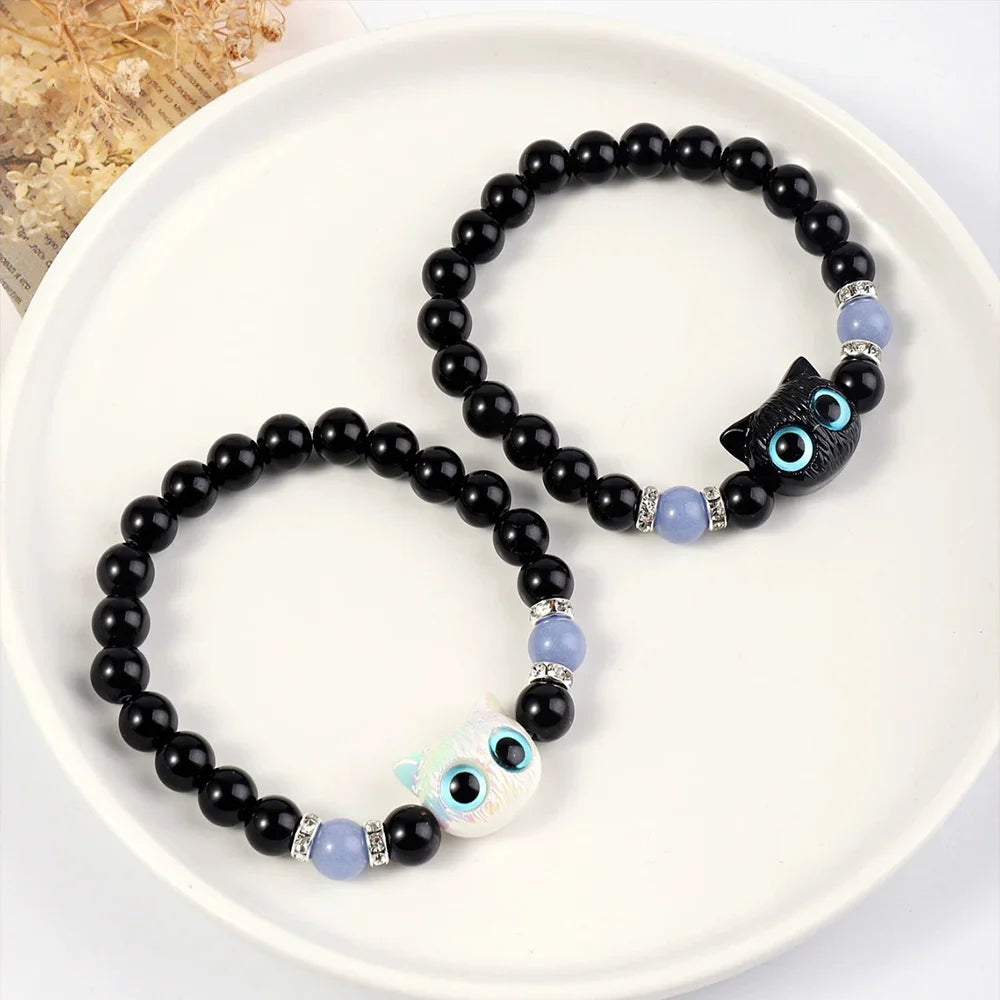 1 PC Matching Bracelets Couples Women Men Luminous Cute Cat Friendship Bracelete Black White Cat Head Bead Strand Bracelet Vera Lux