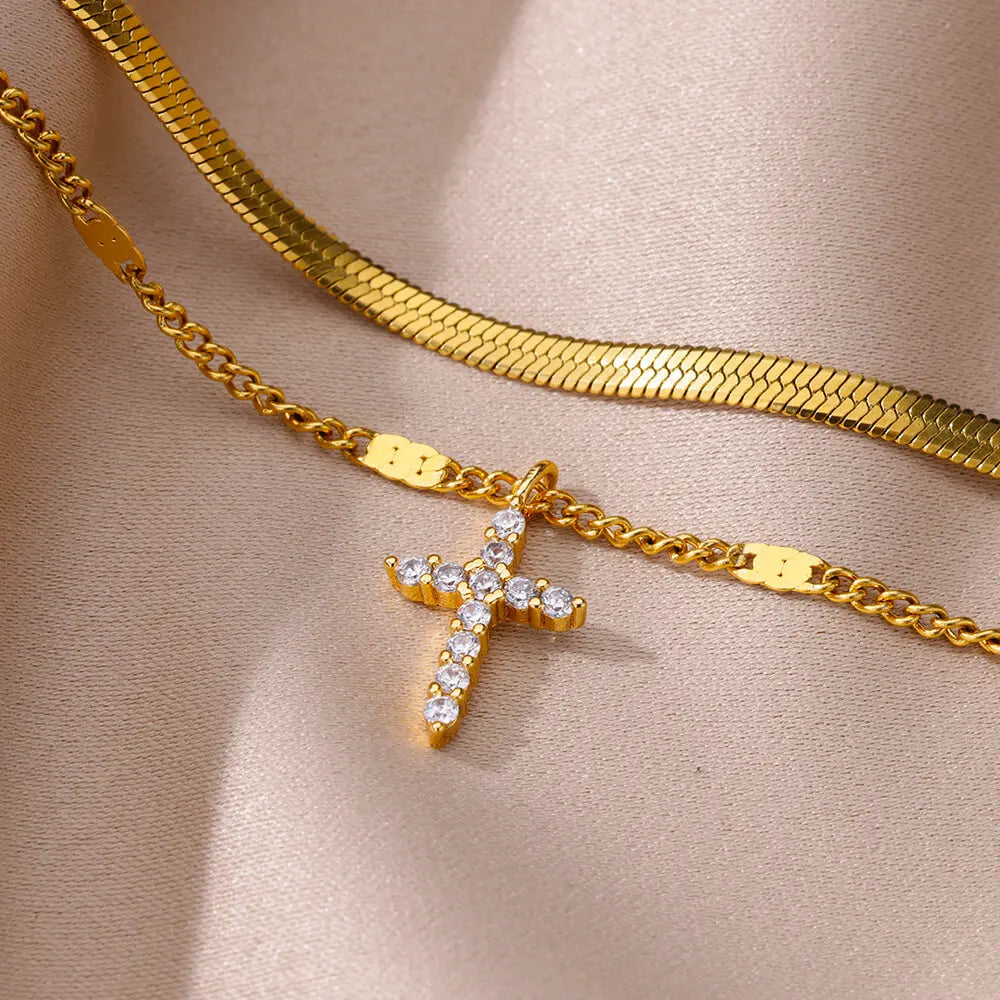 Zircon Cross Anklets For Women Gold Color Stainless Steel Cross Anklet Double Chain Summer Beach Party Jewelry Gift Accessories Vera Lux
