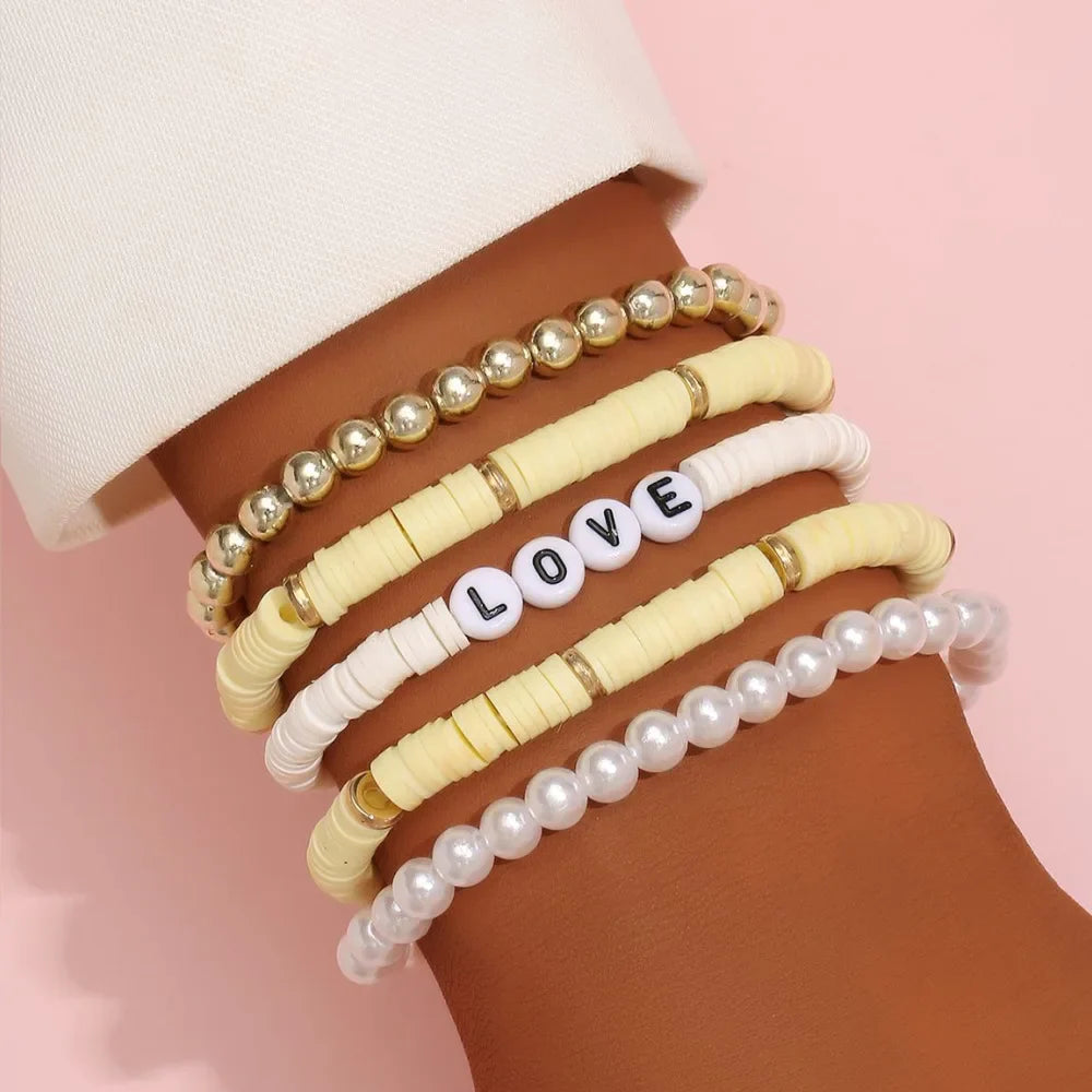 Fashion Rainbow Stackable Bracelets Set For Women Heart Charm Soft Clay Pottery Layering Beads Chain Bangle Female Boho Jewelry Vera Lux