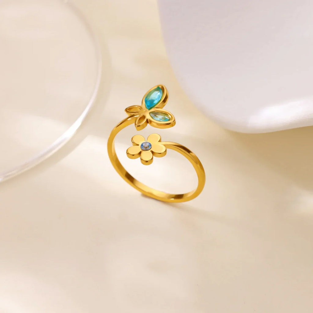 Luxury Zircon Butterfly Flower Rings for Women Stainless Steel Gold Color Cheap Ring Fashion Wedding Couple y2k Jewelry anillos Vera Lux