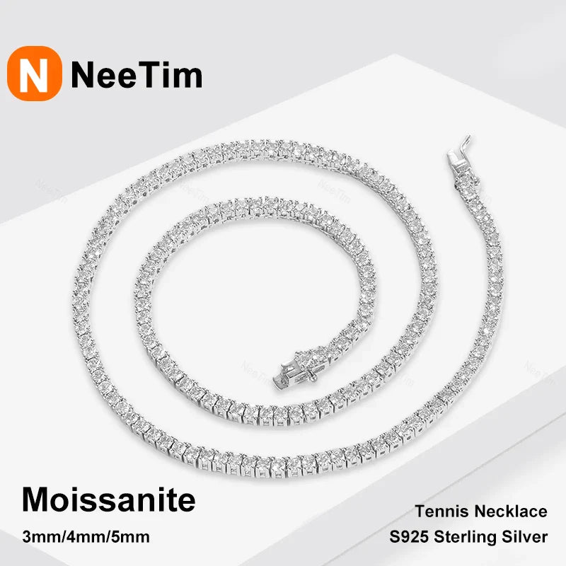 NeeTim 3/4/5mm Moissanite Tennis Necklace for Women Man S925 Silver with 18k Gold Plated Neck Chains Trendy Hiphop Party Jewelry Vera Lux