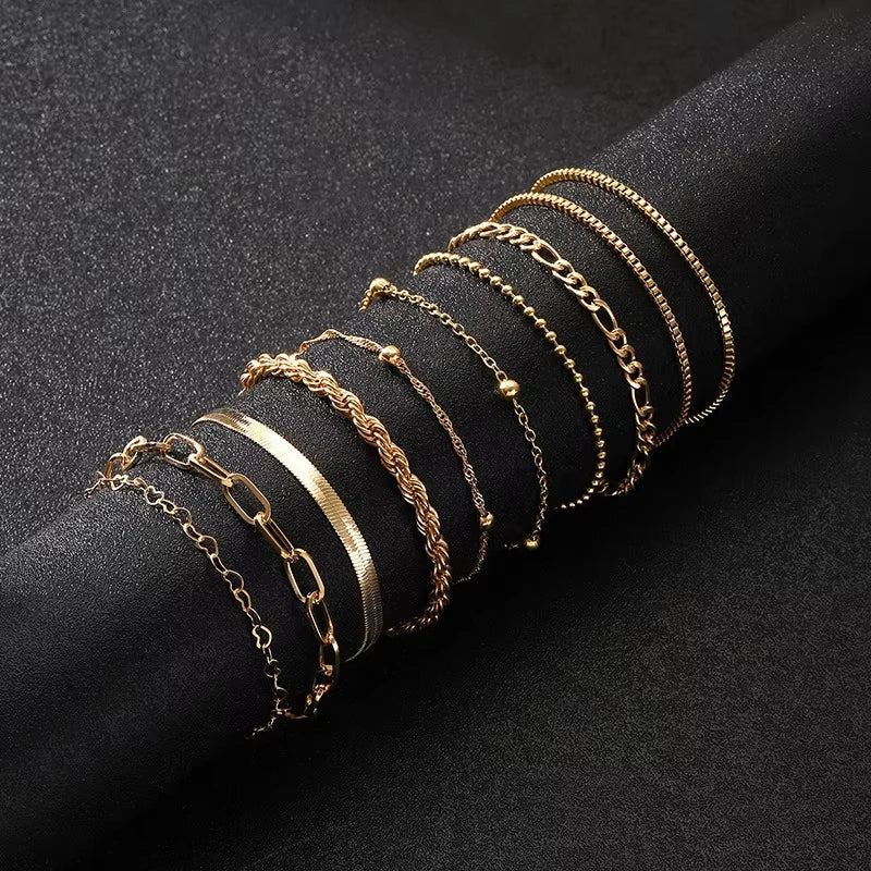 10 Pcs Vintage Statement Gold Color Flat Snake Chain Box Chain Bracelet Boho Multi-layer Metal Bracelet Women's Summer Jewelry Vera Lux