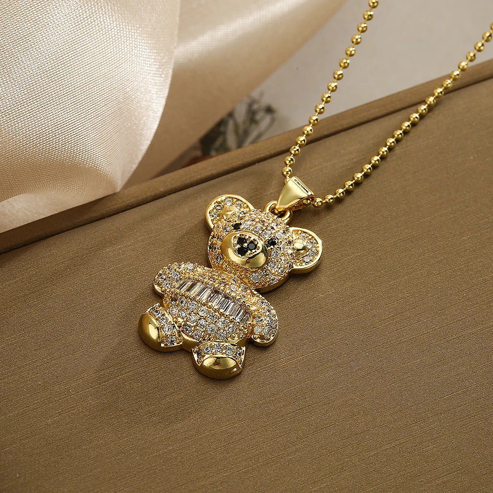 NEWBUY Hot Sale 2 Style Lovely Bear Pendant Necklaces For Women Shiny CZ Zircon Inlay Gold Color Copper Jewelry Vera Lux