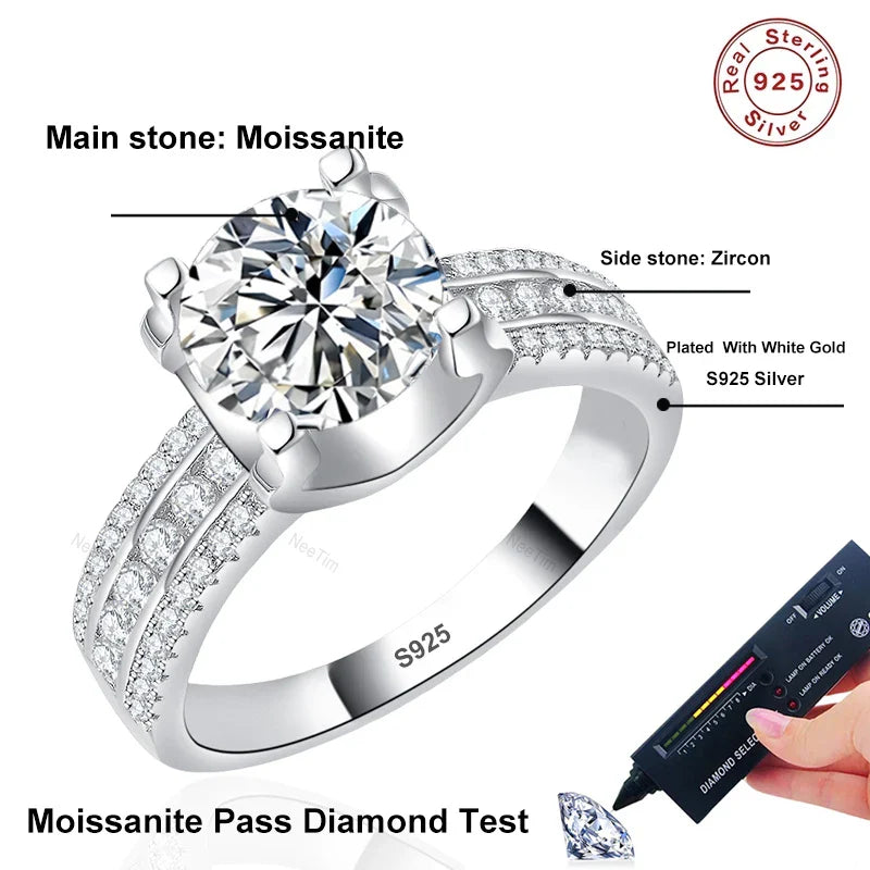 NeeTim 2ct 3ct 5ct D VVS1 Moissanite Wedding Ring For Women 925 Sterling Silver Band Lab Diamond Bands Engagement Rings Vera Lux