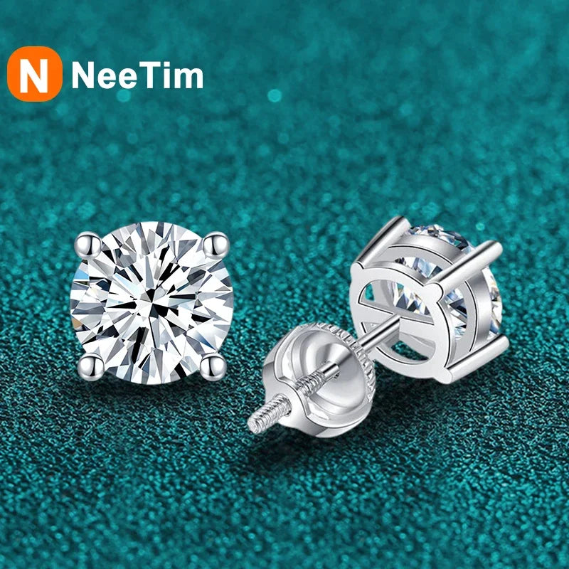 NeeTim 2 Carat Moissanite Earrings Studs for Women Men Screw Thread Ear Stud 925 Solid Silver With White Gold Plated Jewelry Vera Lux