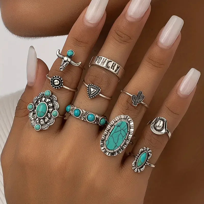 10pcs Trendy Western Style Rings Set for Women Men Vintage Turquoise Bull Head Lotus Sun Design Ring Daily Outfits Jewelry Gifts Vera Lux