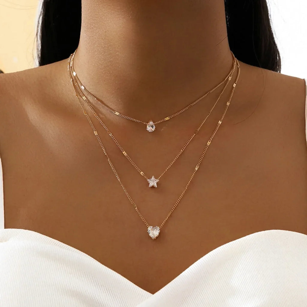 Multi-layer Five-pointed Star Heart Shape Water Drop Pendant Chain Necklace Alloy Material Glass Collarbone Chain Sexy Women New Vera Lux