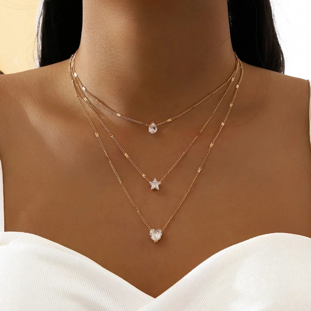 Multi-layer Five-pointed Star Heart Shape Water Drop Pendant Chain Necklace Alloy Material Glass Collarbone Chain Sexy Women New Vera Lux