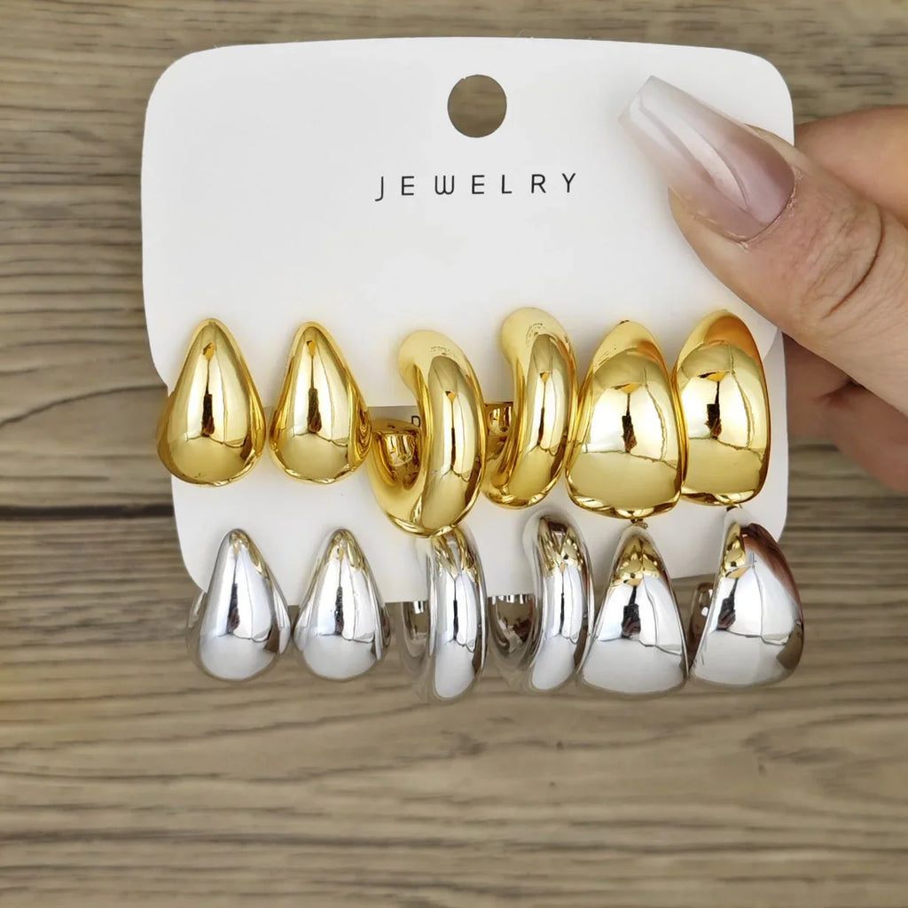 6pcs Chunky Gold Plated Waterdrop Hoop Earring Set For Women European and American Minimalist Smooth Circle Drop Earring Jewelry Vera Lux
