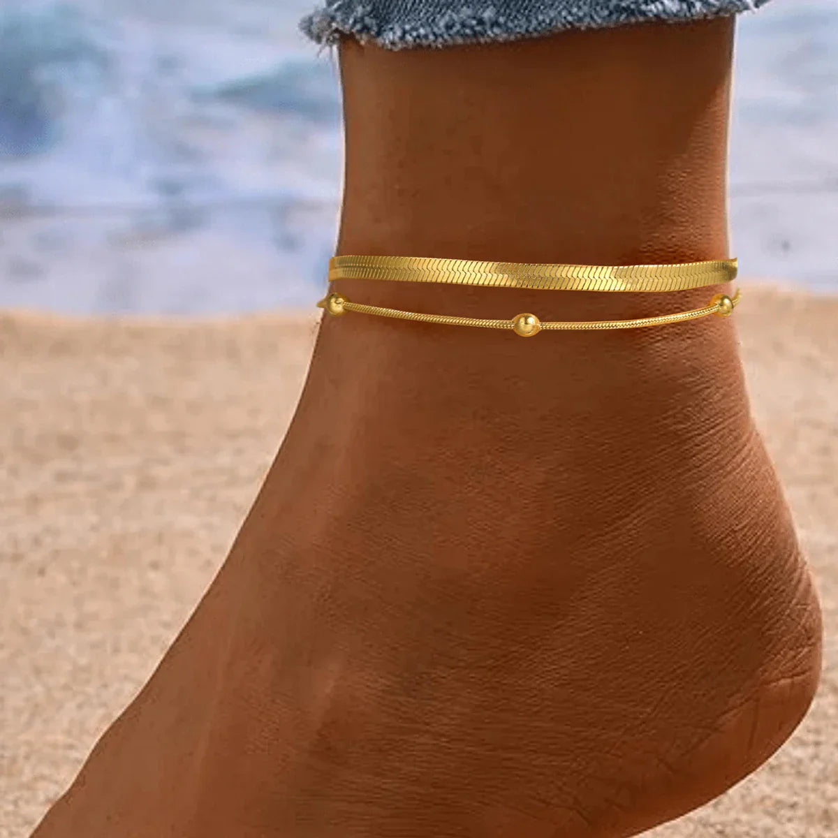 Stainless steel anklet bead strings snake bone chain double layered stacking anklet beach vacation ladies seaside party matching Vera Lux