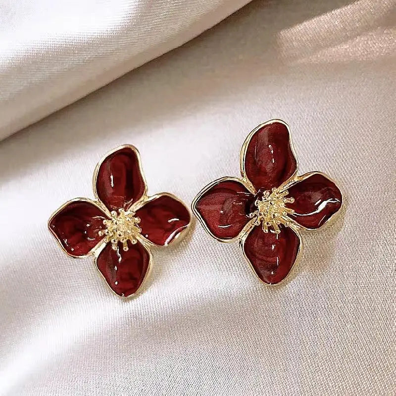 Fashion Korean Women Retro Drip Glaze Red Flower Earrings Women for Delicate Earrings Luxury Couple Engagement Jewelry Gift Vera Lux