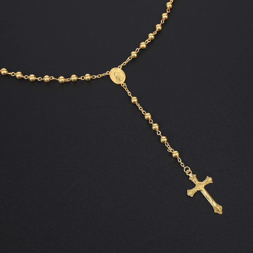 Gold Color Rosary Necklace For Women Men Long 6MM Beads Chain Crucifix Cross Pendant Religious Prayer Party Jewelry Gift Vera Lux