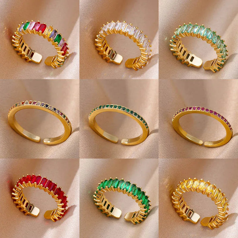Mini Zircon Green Rings For Women Stainless Steel Gold Color Adjustable Finger Ring Engagement Wedding Christmas Jewelry Gift Vera Lux