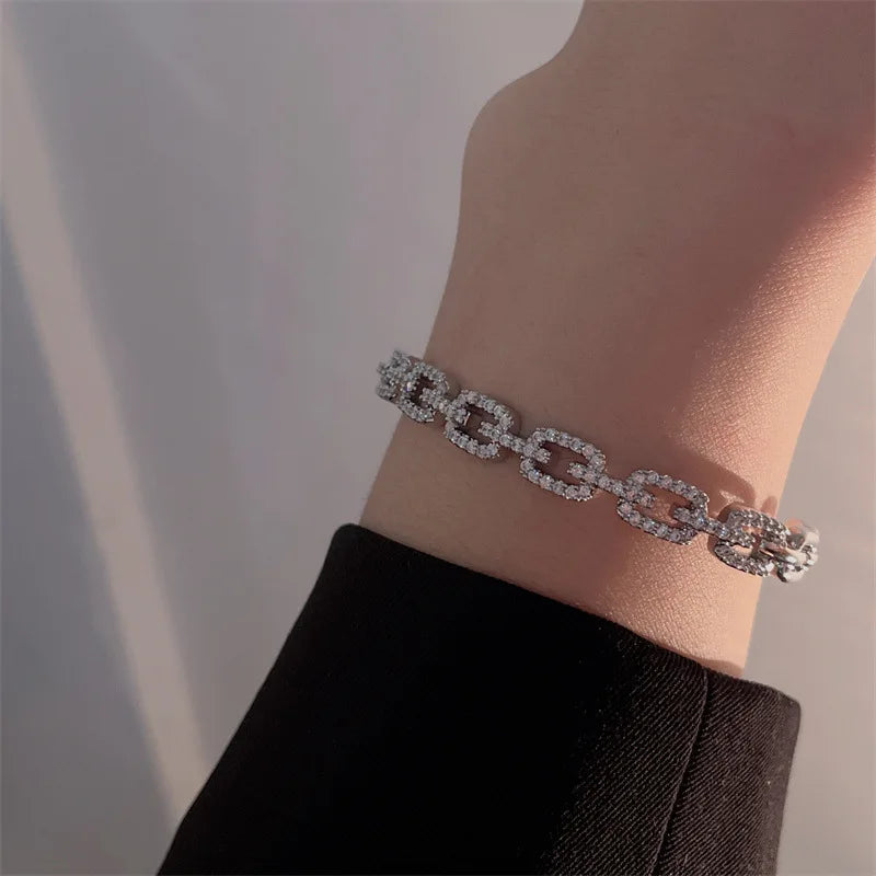 Yupsk Shiny Zircon Hollow Rectangle Link Cuff Bangle Bracelet for Women Luxury Wedding Party Jewelry Women's Gift Vera Lux