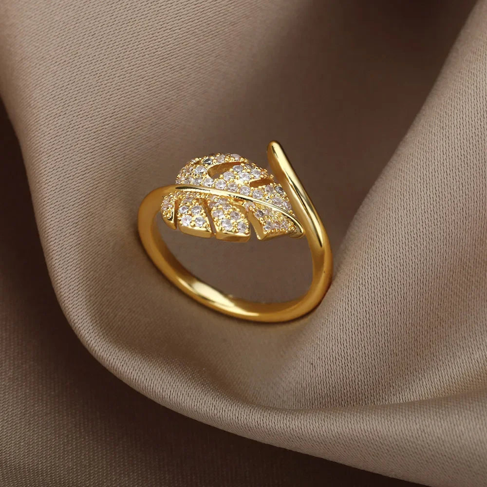 Fashion Palm Leaf Shape Open Rings For Women Gold Color Zircon Adjustable Finger Ring Girls Korean Party Jewelry Gift Vera Lux