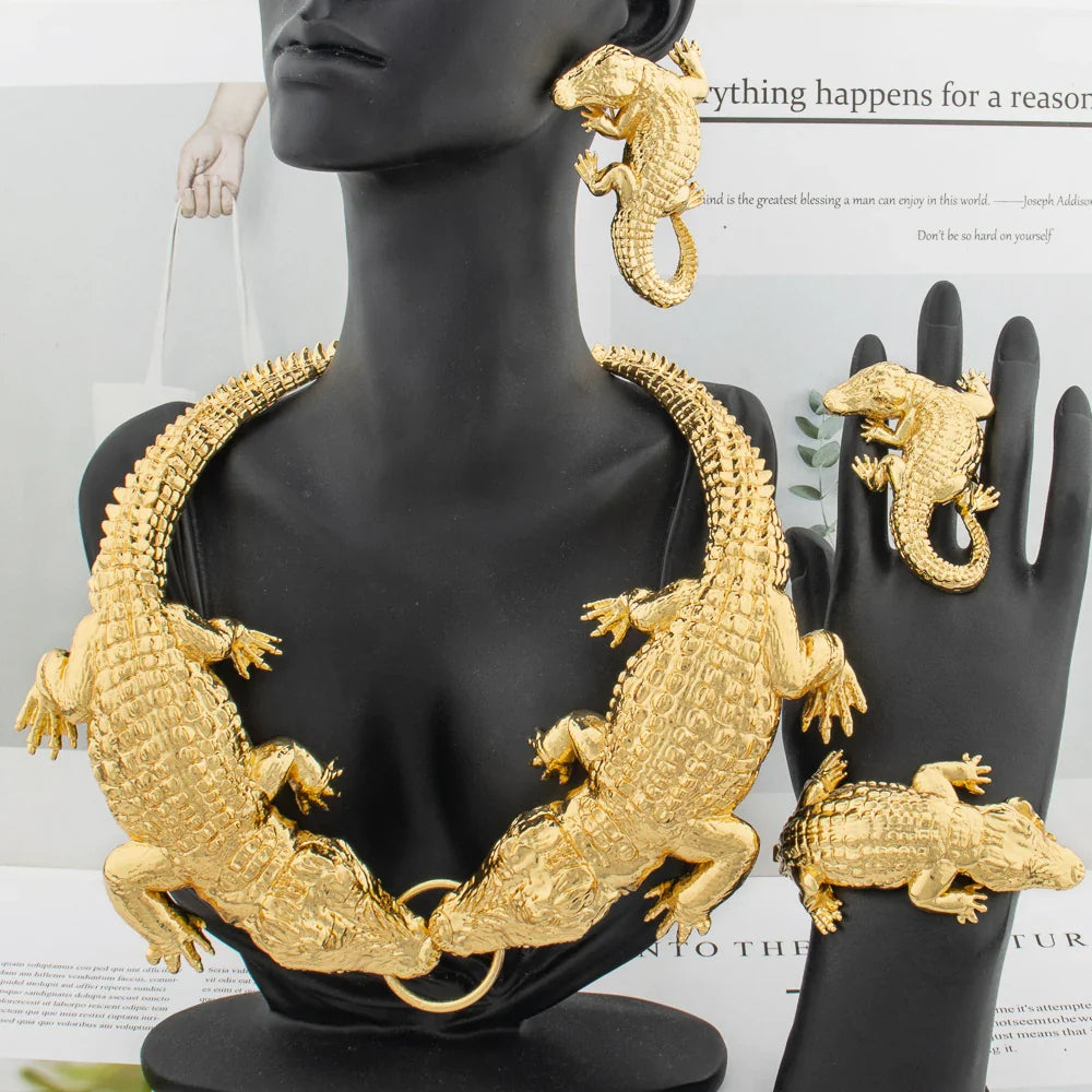 African Large Crocodile Jewelry Set for Women Lady Big Necklace Arab Gold Color Earrings Bracelet Bride Wife Anniversary Gift Vera Lux
