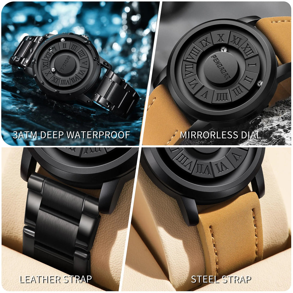 PENGAGAR Men's Watches Stainless steel Quartz Watch Creative Scrolling Pointer Magnetic Force Wrist Clock Relogio Masculino +box Vera Lux