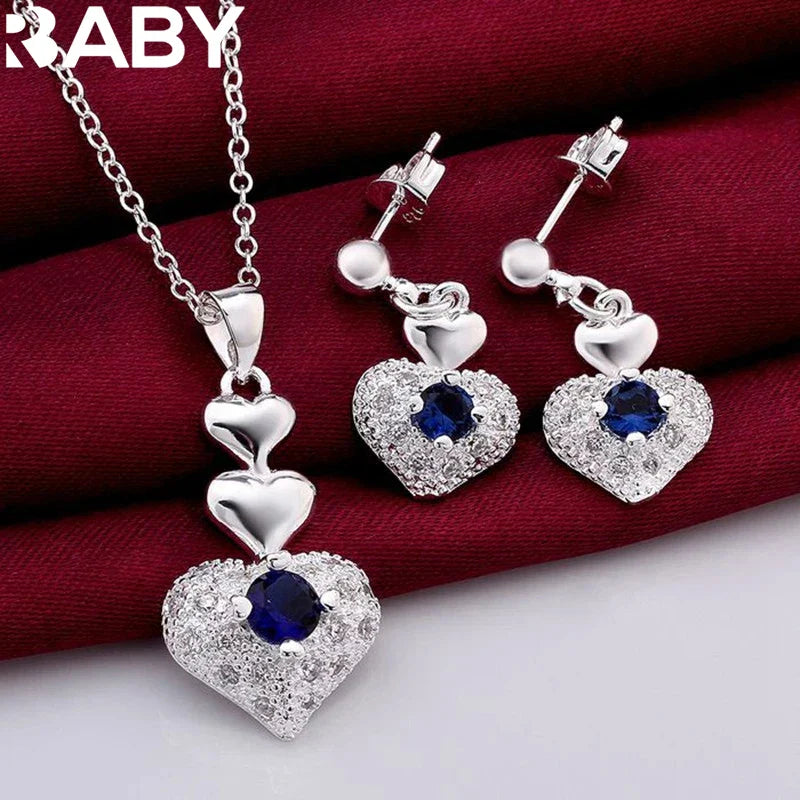 Hot Noble blue crystal heart 925 sterling Silver pendant necklace earring Jewelry sets for Woman classic fashion party fine gift Vera Lux