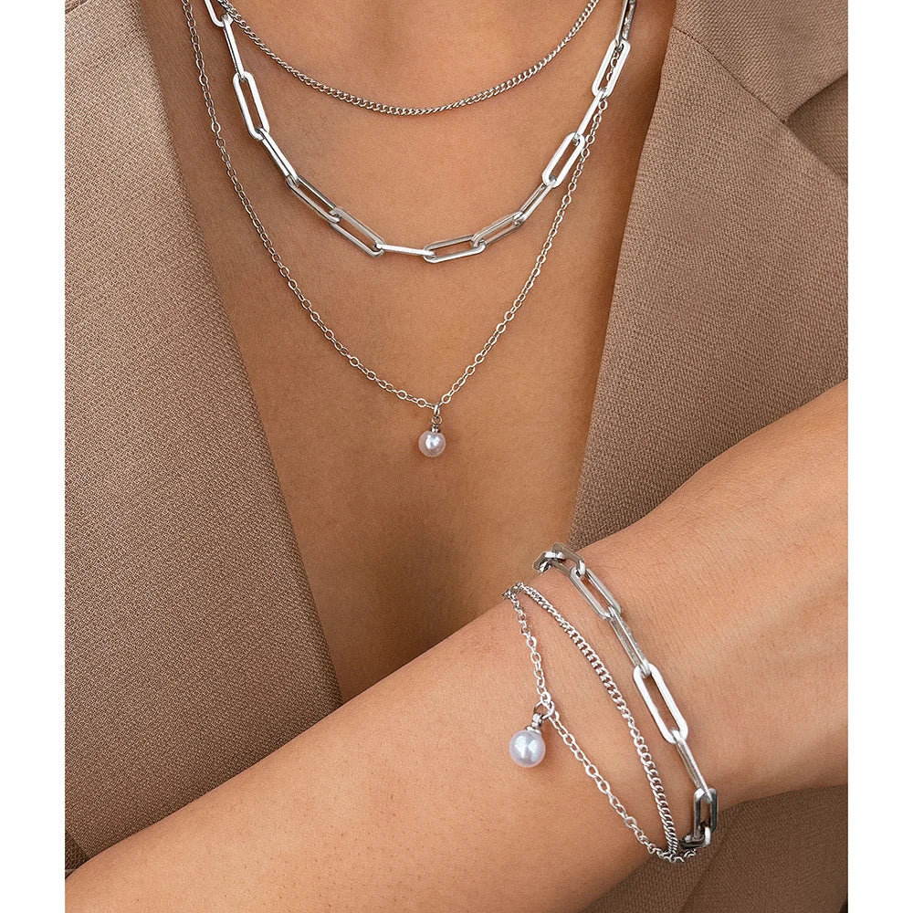 Aomogo Stainless Steel Jewelry Set Delicate Pearl Pendant Jewelry Set Luxury Multi-Layer Chain Jewelry Set For Women Jewelry Vera Lux