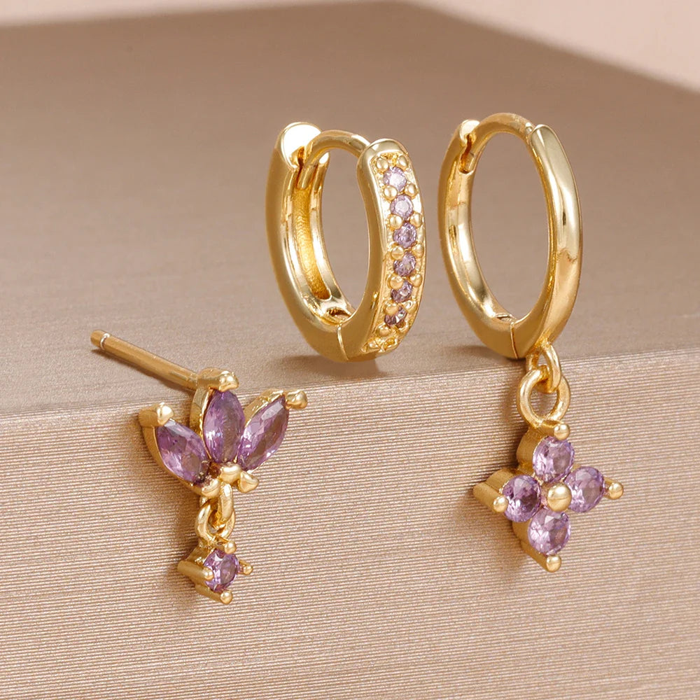 3PCS Fashion Orange Blue Zircon Hanging Earrings Set for Women Stainless Steel Flower Dangle Earring Piercing Jewelry Vera Lux