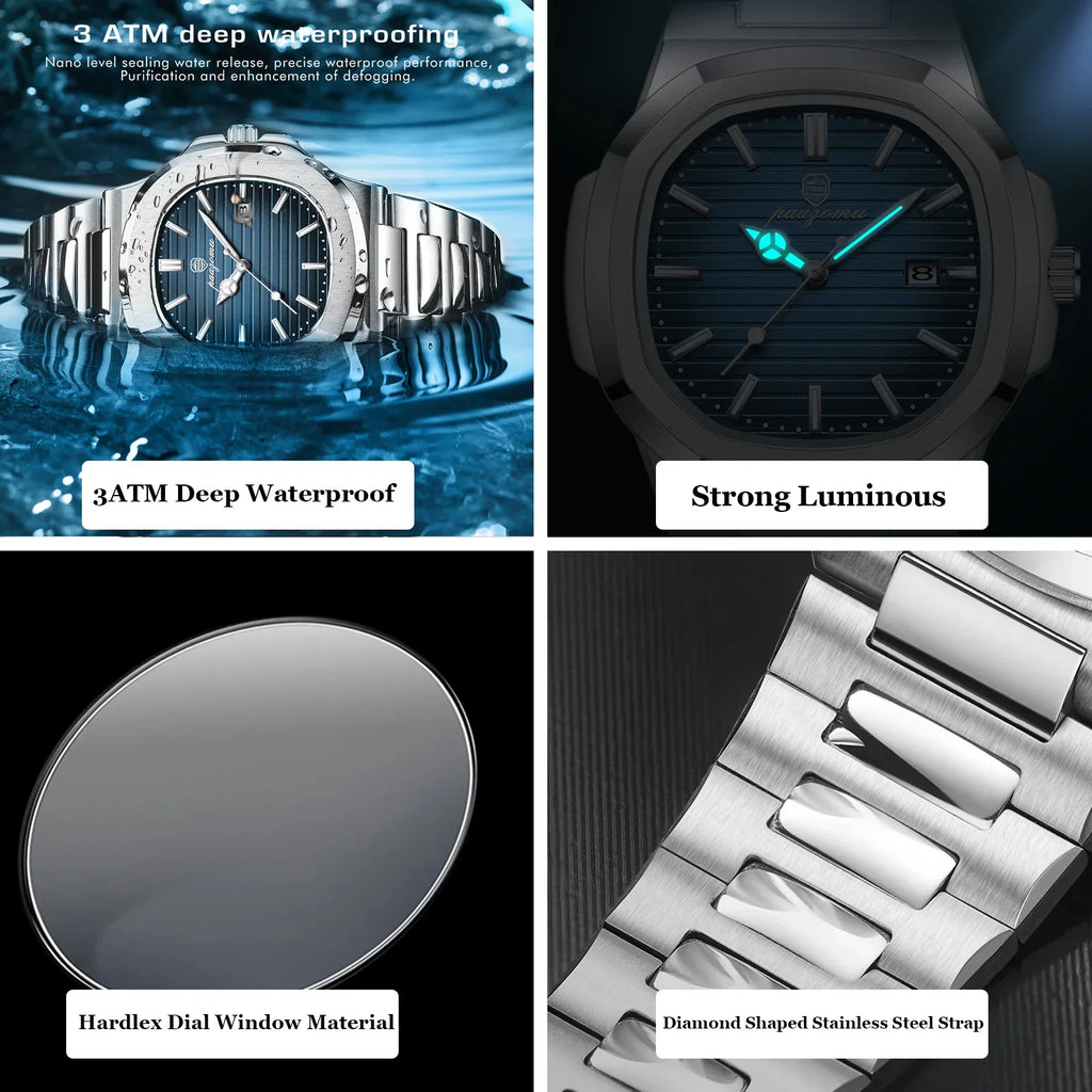PAAZOMU Luxury Watch Business 50 ATM Waterproof Male Clock Luminous Date Stainless Steel Square Quartz Men Watches reloj hombre Vera Lux