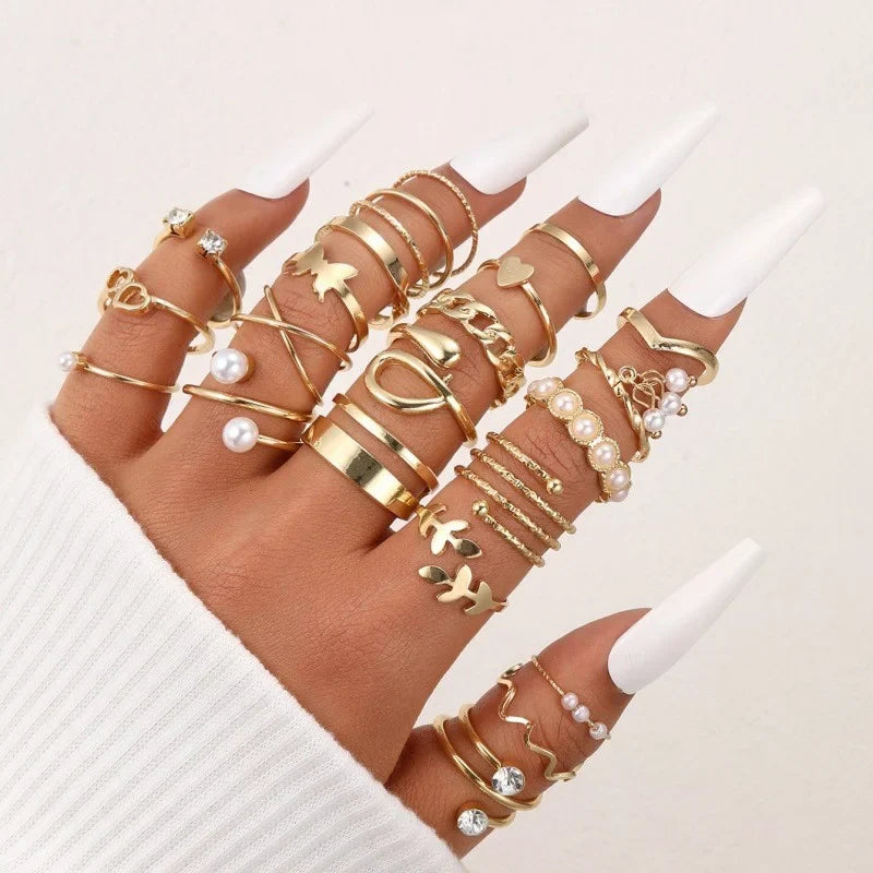 47Pcs/Set Vintage Gold Color Heart Rings Set For Women Men Hollow Butterfly Pearl Crystal Geometric Rings Trendy Finger Jewelry Vera Lux