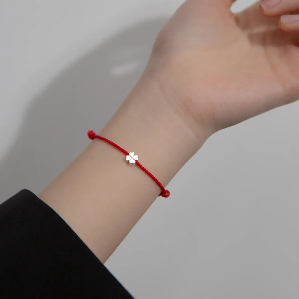 S925 Sterling Silver Flowers Red Rope Clover Adjustable Bracelet For Women Fine Jewelry Minimalist Accessories Vera Lux