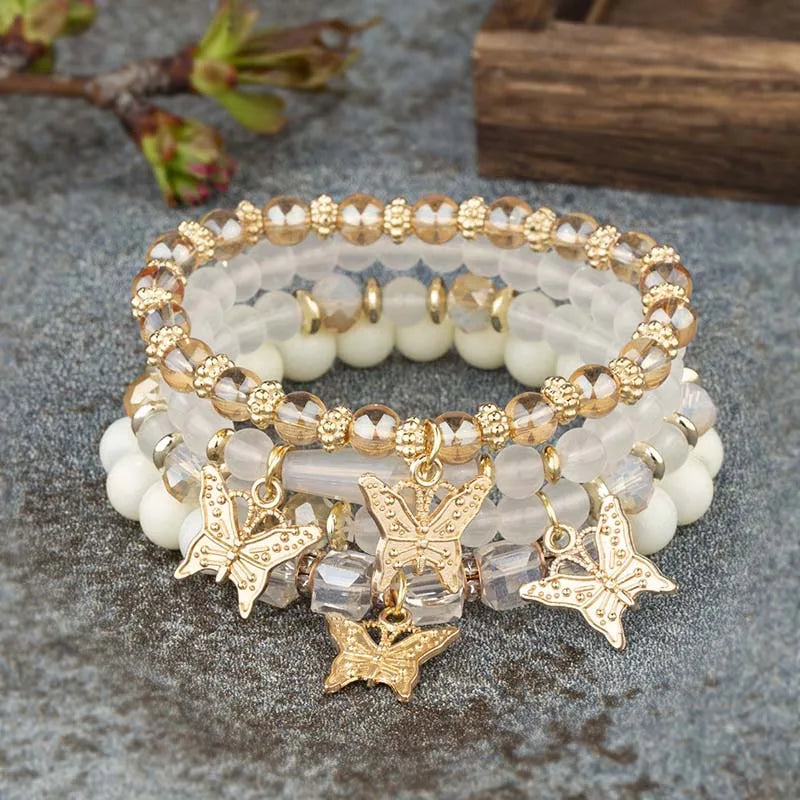 4Pcs Bohemian Butterfly Charm Bracelet Set For Women Crystal Beads Chain Bangle Female Fashion Party Jewelry Gift Vera Lux
