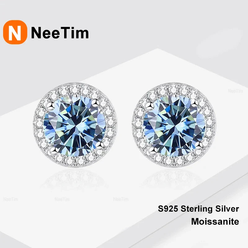 NeeTim Moissanite Stud Earrings for Women 925 Sterling Silver Green Blue Pink Red Black Blue Sparkling Moissanite Studs Earring Vera Lux
