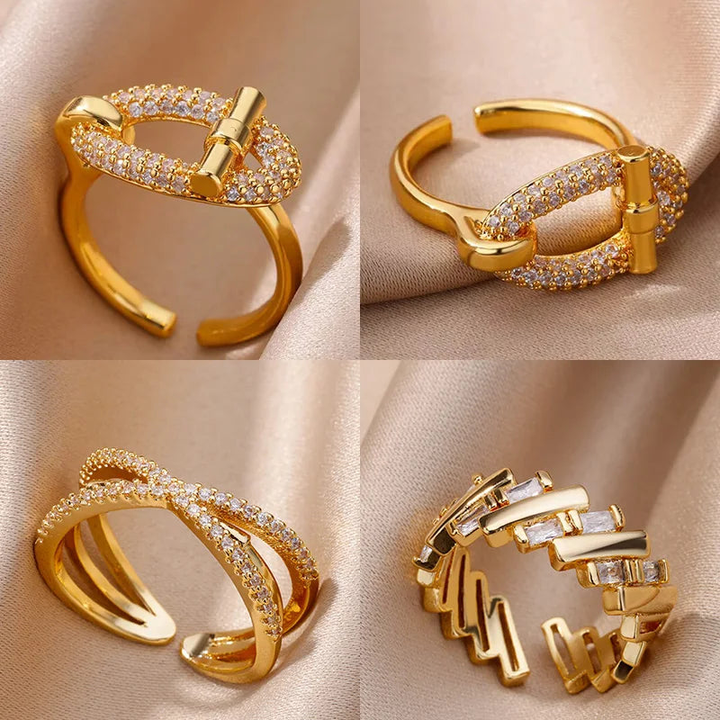Stainless Steel Oval Hollow Zircon Open Rings For Women Gold Color Trendy Wedding Aesthetic Ring Summer Jewelry Accessories BFF Vera Lux
